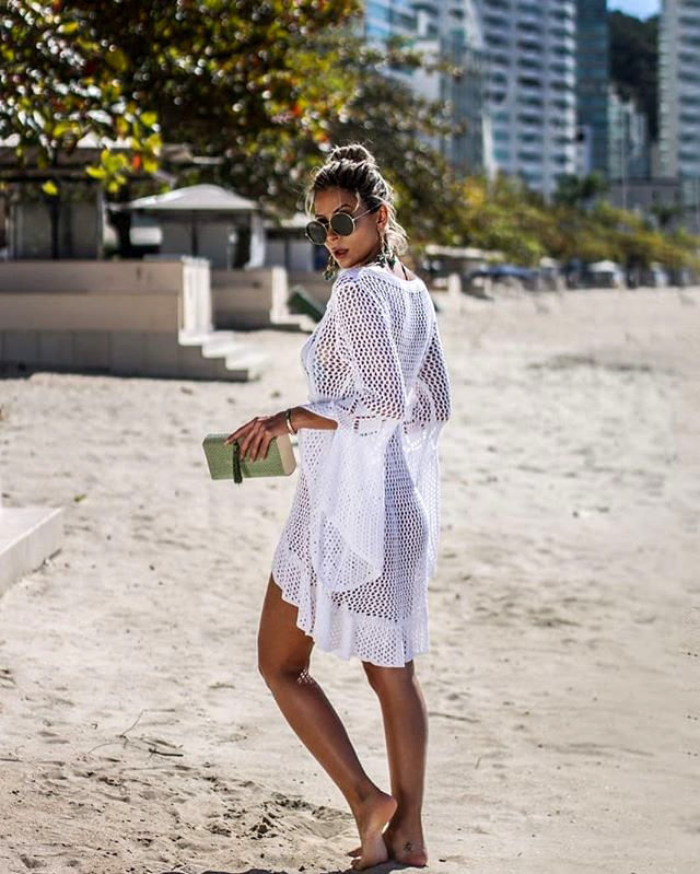 F4745-1 Cover up - Crochet White Knitted Beach Cover up Dress